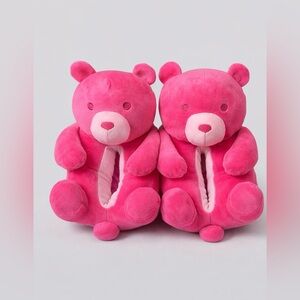 Kids Pink Teddy Bear Plush Slippers Size 11-12 – Cozy Soft Animal House Shoes